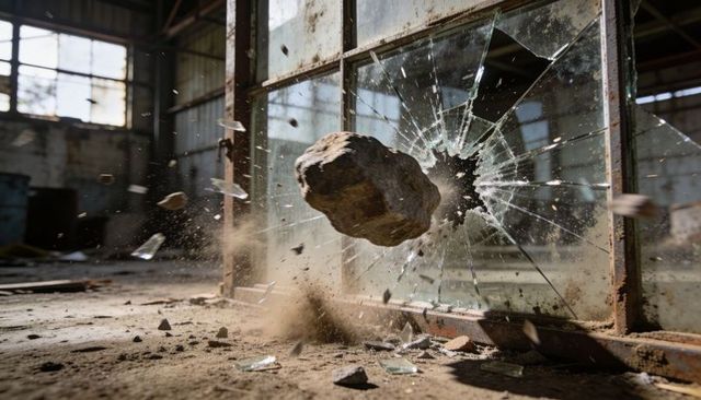 Rock shattering industrial window with flying shards and dust in abandoned warehouse
