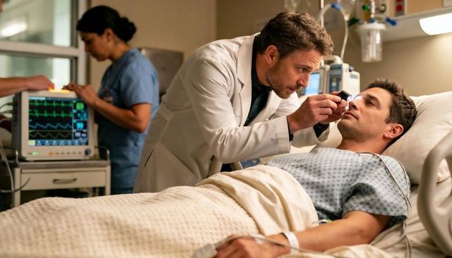 Physician examining patient with penlight at hospital bedside while nurse monitoring ecg