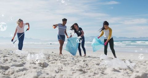Diverse Volunteers Conducting Beach Cleanup for Environment Conservation