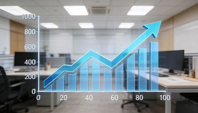 Holographic blue 3d bar-and-line chart rising over modern open office for business