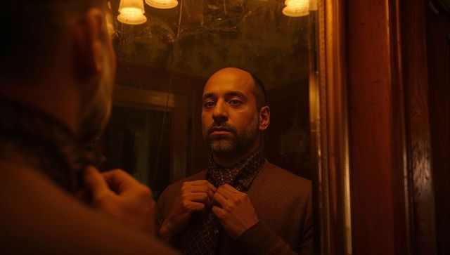 Man adjusting necktie in warm vintage dressing area with smudged mirror and woodgrain