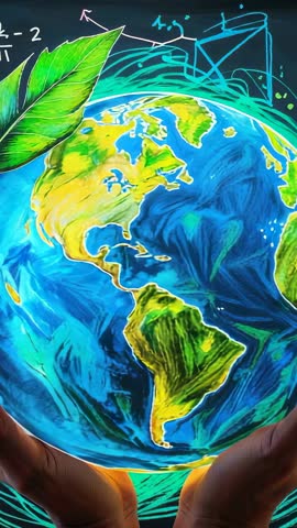 Hands cradling rotating Earth globe over chalkboard with leaf motif, teaching map skills