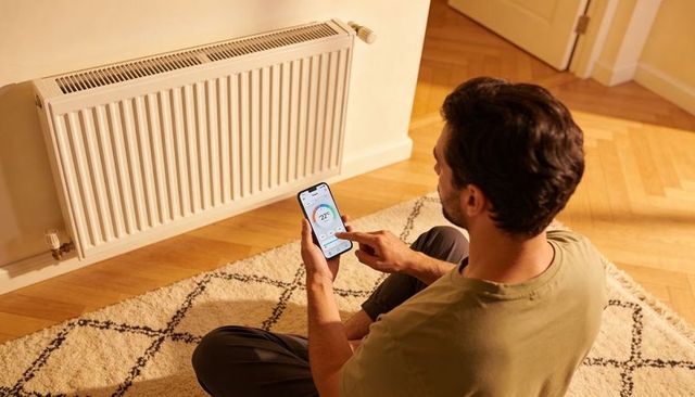 Man adjusting smart thermostat with smartphone near radiator on cozy rug