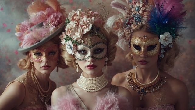 Elegant Women in Floral Masks and Pastel Attire Emphasizing Vintage Glamour