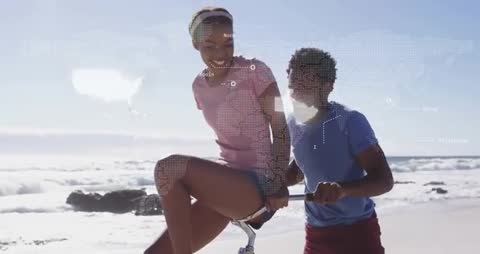 Joyful Couple Biking on Beach with Global Network Overlay