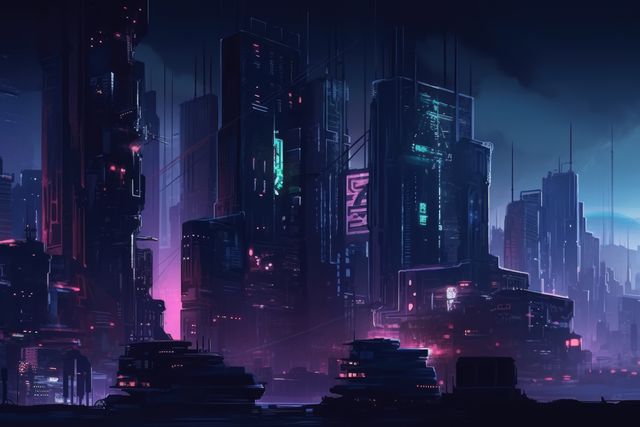 Depicting a gloomy yet vibrant cyberpunk cityscape at night with towering buildings illuminated by neon lights, this visual captures the essence of a high-tech and dystopian future. Ideal for use in futuristic, cyberpunk, sci-fi productions, urban development visuals, or to visualize inventive and tech-savvy environments.