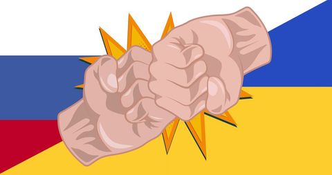 Fists Clash Against Ukrainian and Russian Flag Symbolizing Conflict