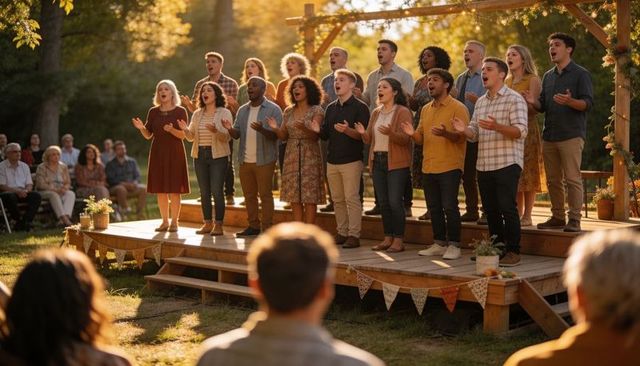 Diverse community choir singing on rustic wooden stage in golden autumn light