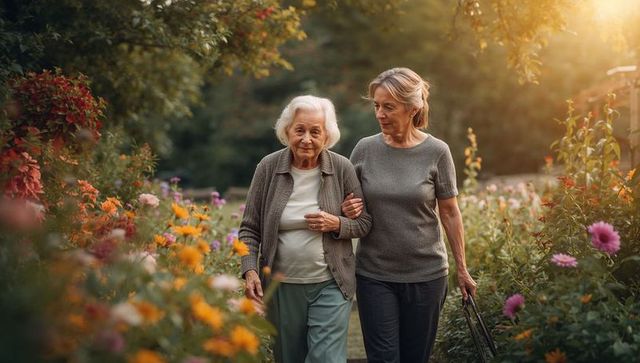 Elderly woman walking arm in arm with daughter in vibrant garden