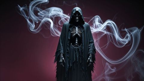 Eerie hooded grim reaper skeleton surrounded by mysterious smoke