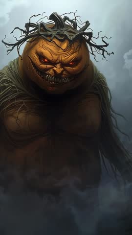 Pumpkin-Head Nightmare Standing in Fog with Glowing Red Eyes Cinematic Vertical Horror Intro