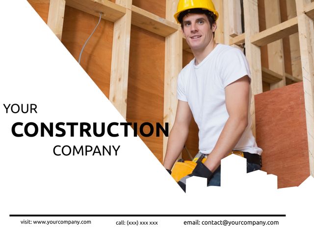 This image shows a construction worker wearing a hard hat at a building site. Ideal for promoting construction services, contractor advertisements, renovation companies, and reliable construction projects. It can be used in brochures, websites, and business cards to highlight professionalism and reliability.