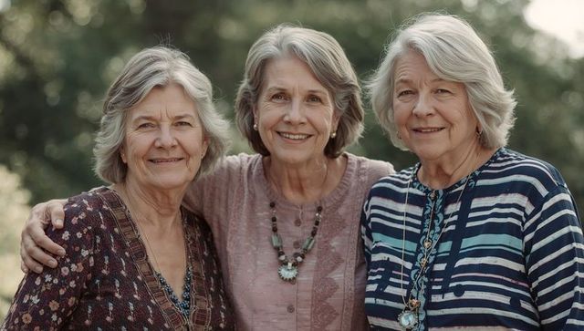 Three senior women smiling and standing outdoors wearing layered necklaces and patterned tops