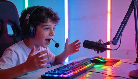 Excited young gamer streaming with rgb keyboard, headset and neon-lit microphone