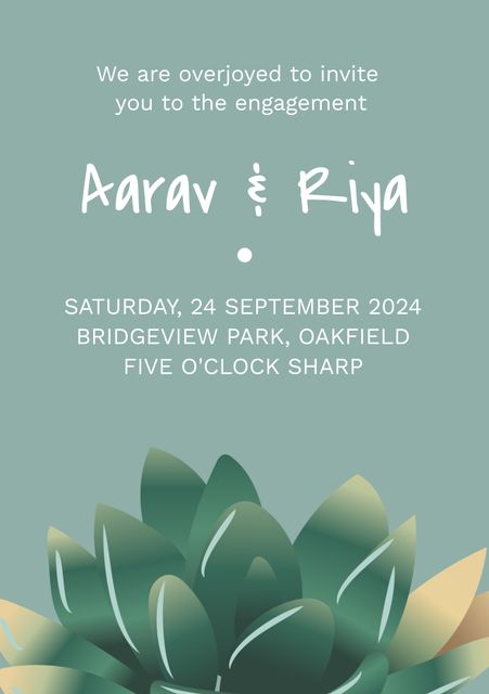 Perfect for creating an inviting atmosphere for engagement or wedding events. This stylish and modern invitation features a serene pastel color background with a sophisticated leaf design, conveying both elegance and natural beauty. Ideal for any couple looking to add a touch of class to their special announcement. Can be used for digital and printed invitations.
