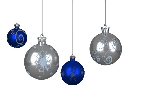 Transparent blue and silver christmas baubles on strings