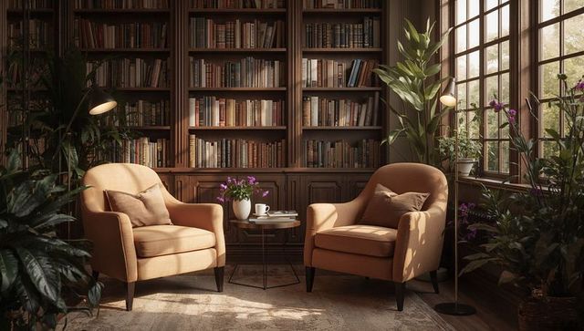 Cozy Library Reading Corner with Two Beige Armchairs, Wooden Bookshelves and Sunlit Plants