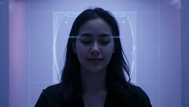 Woman undergoing holographic facial mapping inside futuristic biometric scanning pod