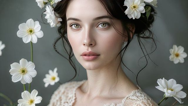Elegant Woman with Floral Wreath and Daisy Accents