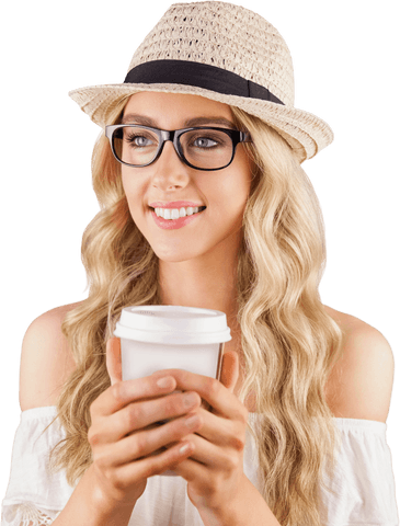 Happy Woman in Glasses Holding Coffee Cup on Transparent Background
