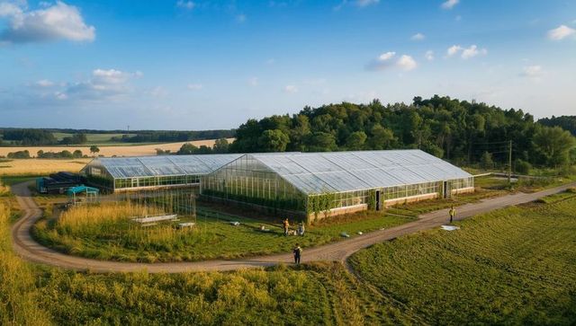 Workers in Vests Maintaining Glass Greenhouses in Rural Farmland