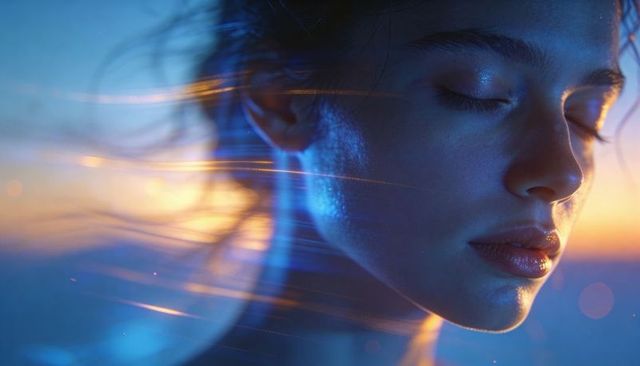Serene woman portrait basking in cool rim light at sunset with cinematic lens flares