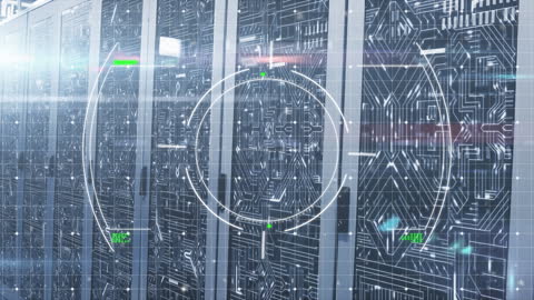 Futuristic Digital Interface Overlay on Modern Data Center