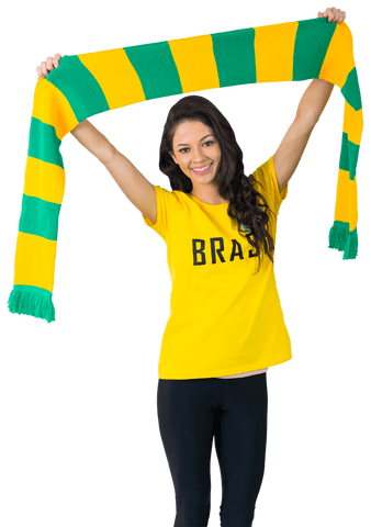 Enthusiastic football fan holding brazil scarf transparent background