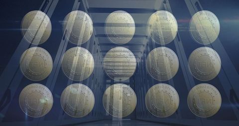 NFT Coins Overlaying Data Servers in Digital Finance Conceptual Image