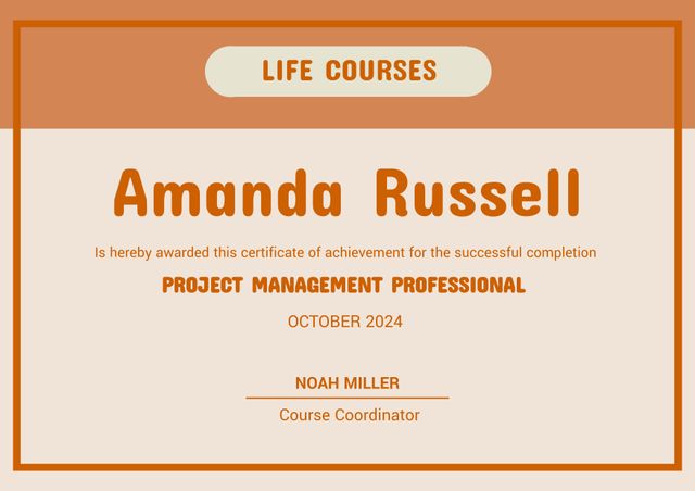 This certificate template is ideal for various professional achievements such as project management completion. It carries a professional design and can be customized with names, dates, and roles. Suitable for corporate and educational recognitions, it is perfect for highlighting milestones and accomplishments within organizations, workshops, or courses.