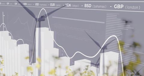 Wind farm analytics overlaying currency ticker and renewable energy data visualization