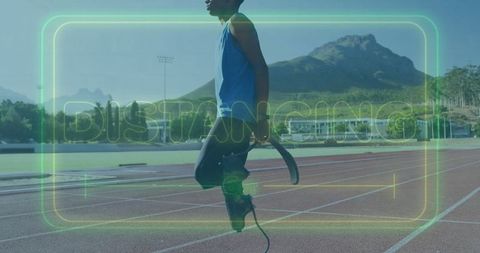 Teen athlete with prosthetic blade running outdoors determinedly