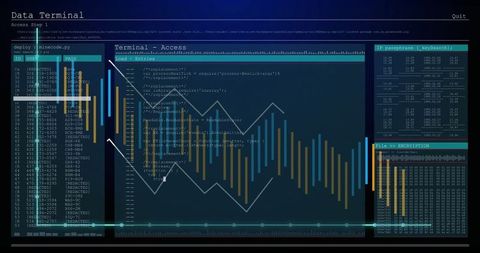 Cybersecurity Data Terminal Interface with Code and Charts