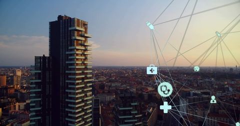 Digital Health Network Superimposed on Urban Cityscape - Download Free Stock Images Pikwizard.com