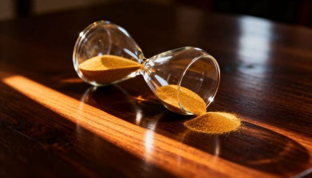 Glass hourglass spilling golden sand across polished wood with warm sunlight beam