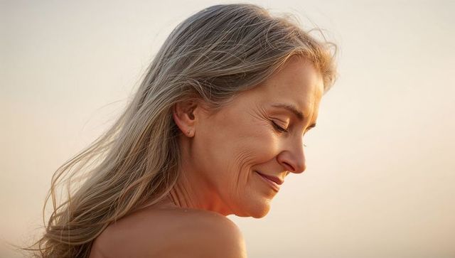 Serene senior woman with long gray-blonde hair gazing in golden light, windblown portrait