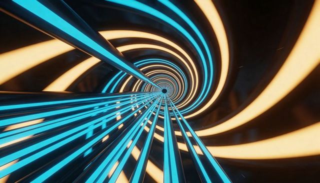 Converging neon spiral tunnel with cyan rails and warm bands creating futuristic momentum
