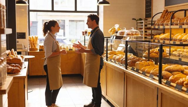 Sunlit artisan bakery staff discussing orders behind glass display of fresh bread and pastries