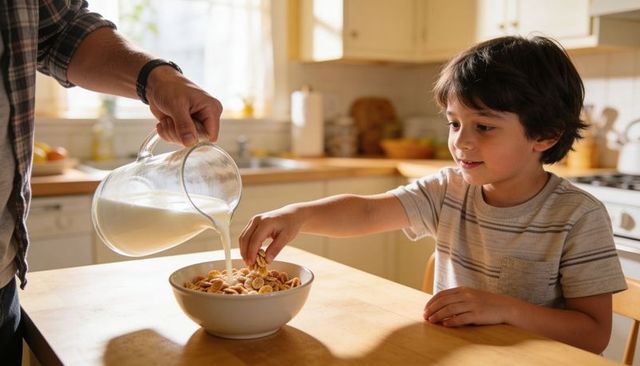 Parent pouring milk while child reaching for cereal at sunlit rustic kitchen table
