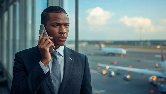 Business traveler making urgent call in airport terminal overlooking airplanes on tarmac