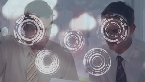 Business Colleagues Discussing with Futuristic Digital Scope Graphics