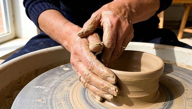 Experienced ceramist hands shaping clay vessel on pottery wheel by studio window