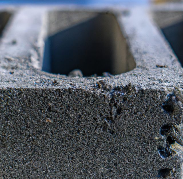 Detailed view of the rough surface of a concrete block. Highlights texture and structure of construction material. Ideal for use in construction projects, material science presentations, and architectural designs. Useful for construction industry marketing materials and educational resources showing building materials.