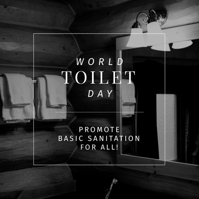 Digital composite image of world toilet day, promote basic sanitation for all text in bathroom - Download Free Stock Videos Pikwizard.com