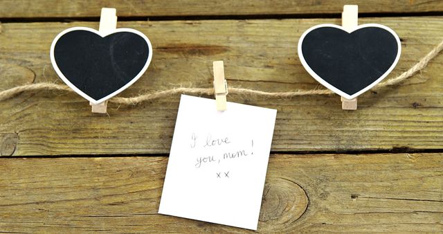 Three heart-shaped blackboards and a note saying I love you, mom! xx are clipped to a string against a wooden background, with copy space. It's a warm, affectionate gesture, often associated with Mother's Day or showing appreciation for one's mother.
