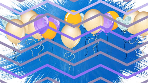 Colorful Balloons on Blue Abstract with Chevron Overlay