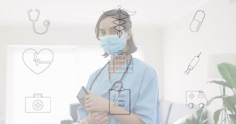 Female nurse wearing mask holding smartphone in clinic with telemedicine and medical icons