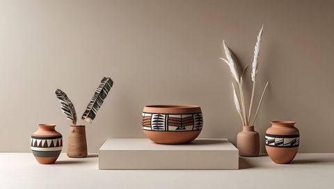 Native american-inspired artisan terracotta pottery with pampas grass arrangement