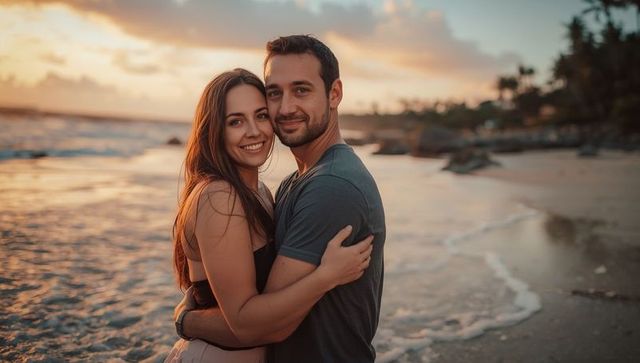 Romantic Couple Embracing during Tropical Sunset on Beach