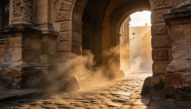 Golden morning mist streaming through carved stone arch over worn cobblestone lane